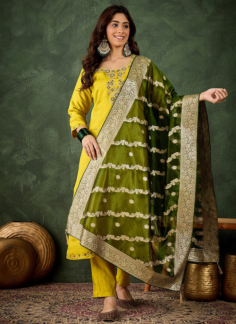 Viscose Rayon Parrot Green Casual Wear Embroidery Work Readymade Kurti Pant With Dupatta 379666
