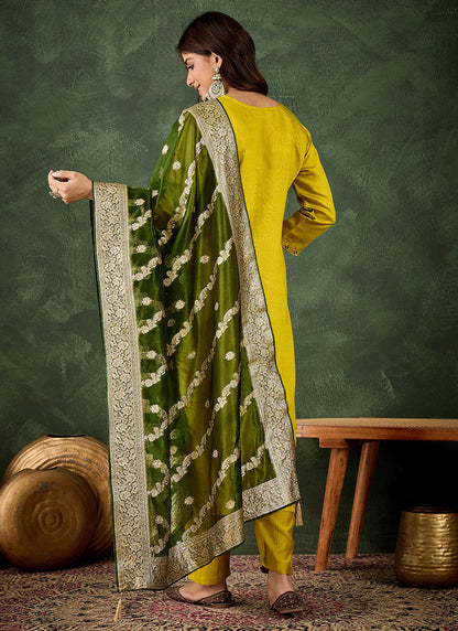 Viscose Rayon Parrot Green Casual Wear Embroidery Work Readymade Kurti Pant With Dupatta 379666