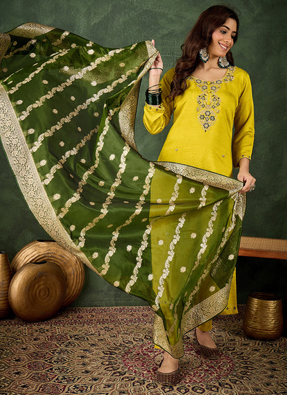 Viscose Rayon Parrot Green Casual Wear Embroidery Work Readymade Kurti Pant With Dupatta 379666