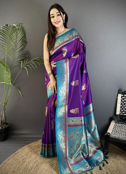 Banarasi Silk Violet Festival Wear Weaving Work Saree 387975
