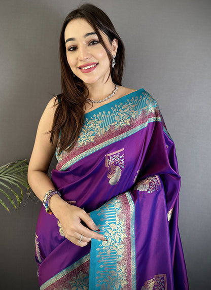 Banarasi Silk Violet Festival Wear Weaving Work Saree 387975