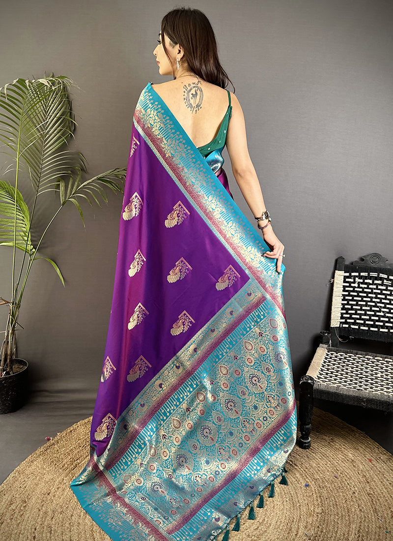 Banarasi Silk Violet Festival Wear Weaving Work Saree 387975