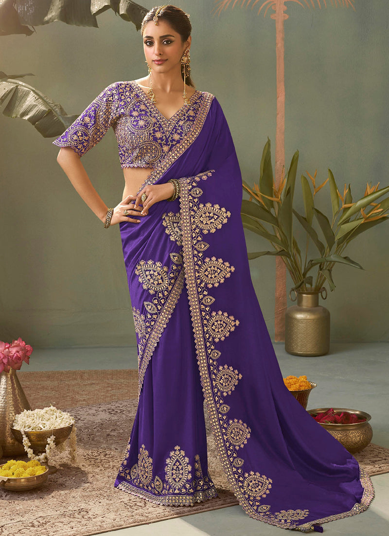 Bemberg Silk Violet Wedding Wear Heavy Work Wedding Saree 387271