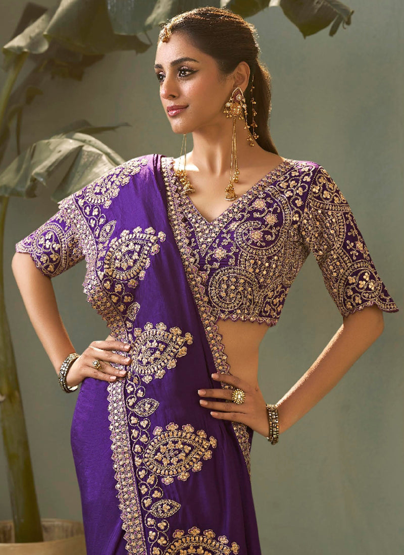 Bemberg Silk Violet Wedding Wear Heavy Work Wedding Saree 387271