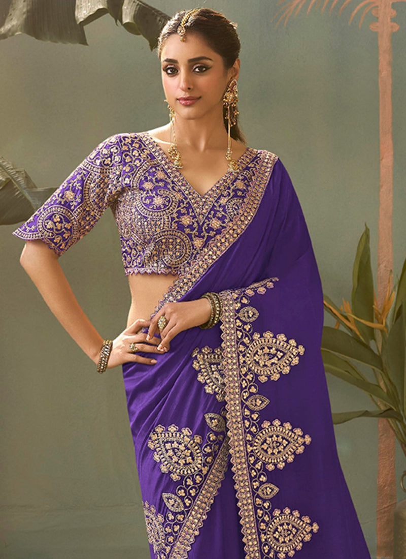 Bemberg Silk Violet Wedding Wear Heavy Work Wedding Saree 387271