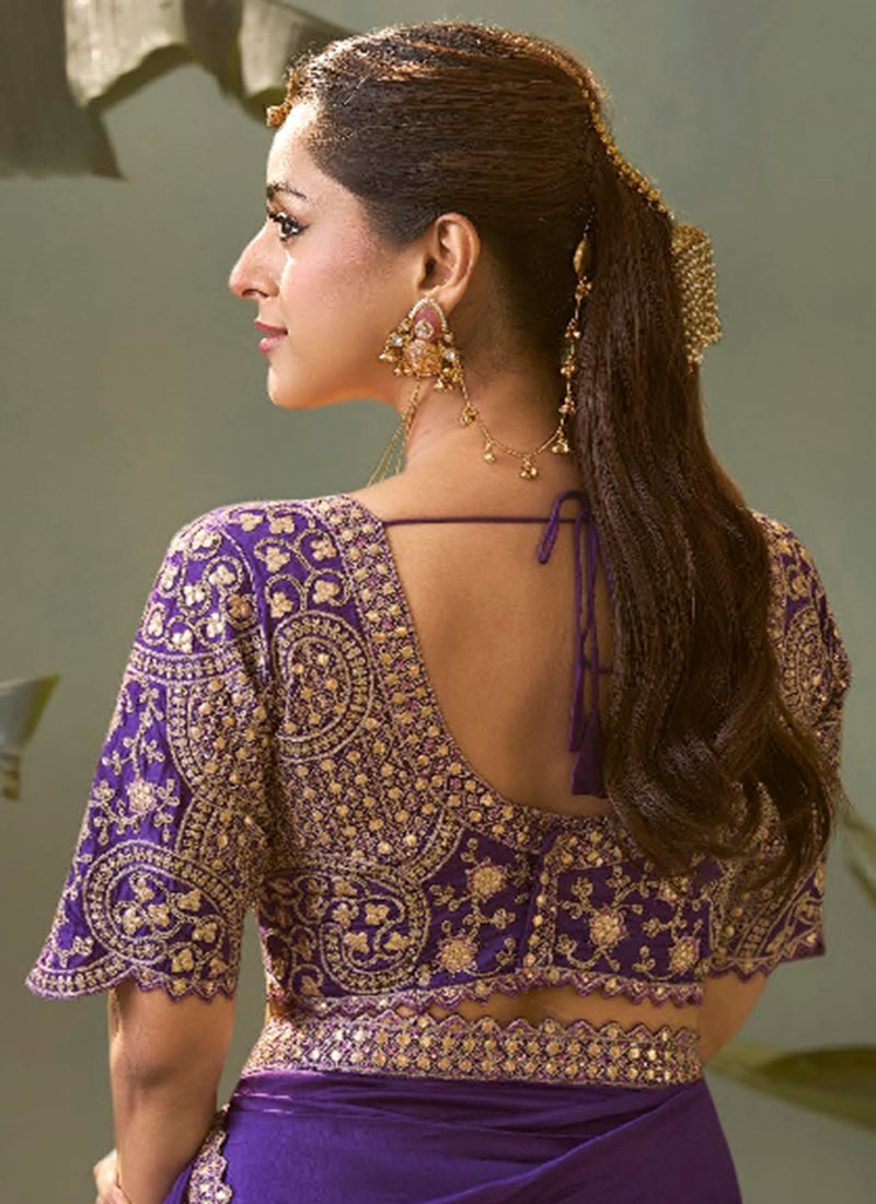 Bemberg Silk Violet Wedding Wear Heavy Work Wedding Saree 387271