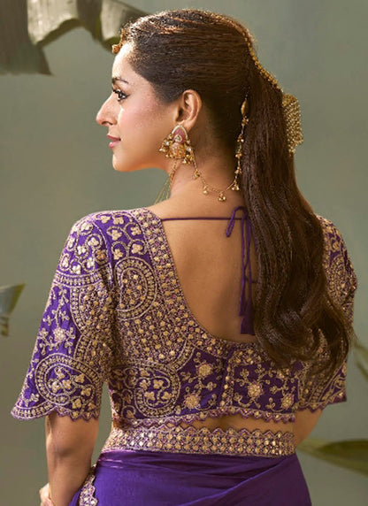 Bemberg Silk Violet Wedding Wear Heavy Work Wedding Saree 387271