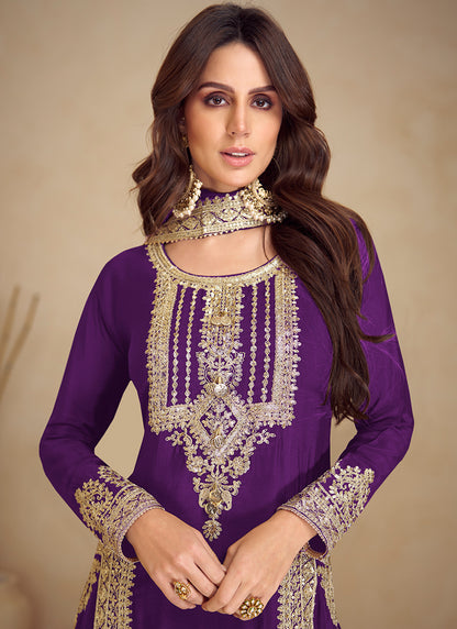Chinon Violet Festival Wear Embroidery Work Readymade Salwar Suit 385859