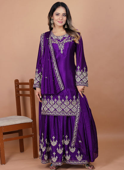 Chinon Violet Festival Wear Sequin Embroidery Work Readymade Plazzo Suit 386161