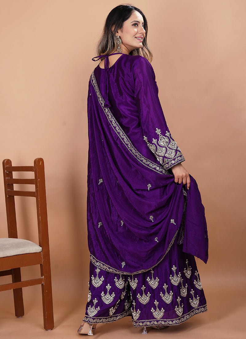 Chinon Violet Festival Wear Sequin Embroidery Work Readymade Plazzo Suit 386161