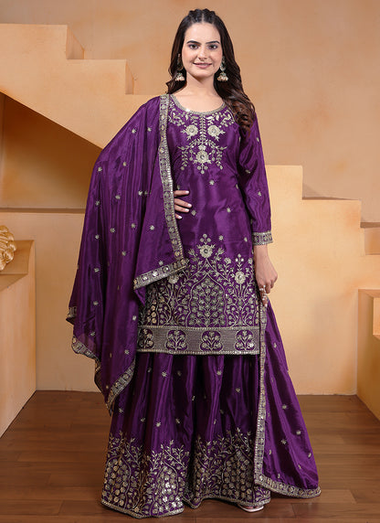 Chinon Violet Festival Wear Sequin Embroidery Work Readymade Plazzo Suit 386159
