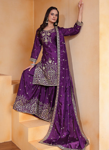 Chinon Violet Festival Wear Sequin Embroidery Work Readymade Plazzo Suit 386159