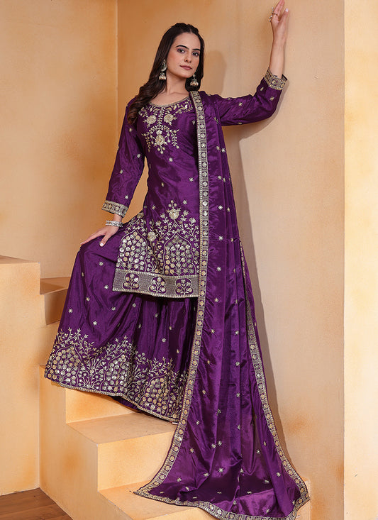 Chinon Violet Festival Wear Sequin Embroidery Work Readymade Plazzo Suit 386159