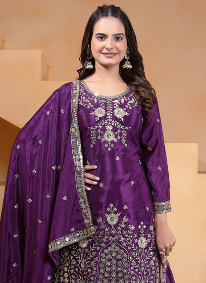 Chinon Violet Festival Wear Sequin Embroidery Work Readymade Plazzo Suit 386159