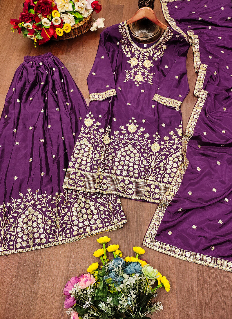 Chinon Violet Festival Wear Sequin Embroidery Work Readymade Plazzo Suit 386159