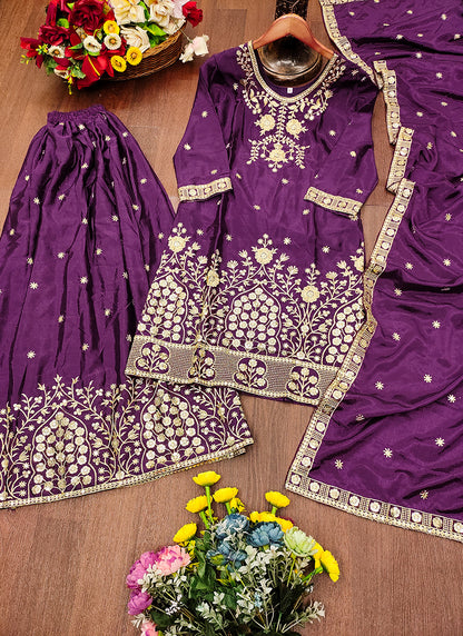 Chinon Violet Festival Wear Sequin Embroidery Work Readymade Plazzo Suit 386159