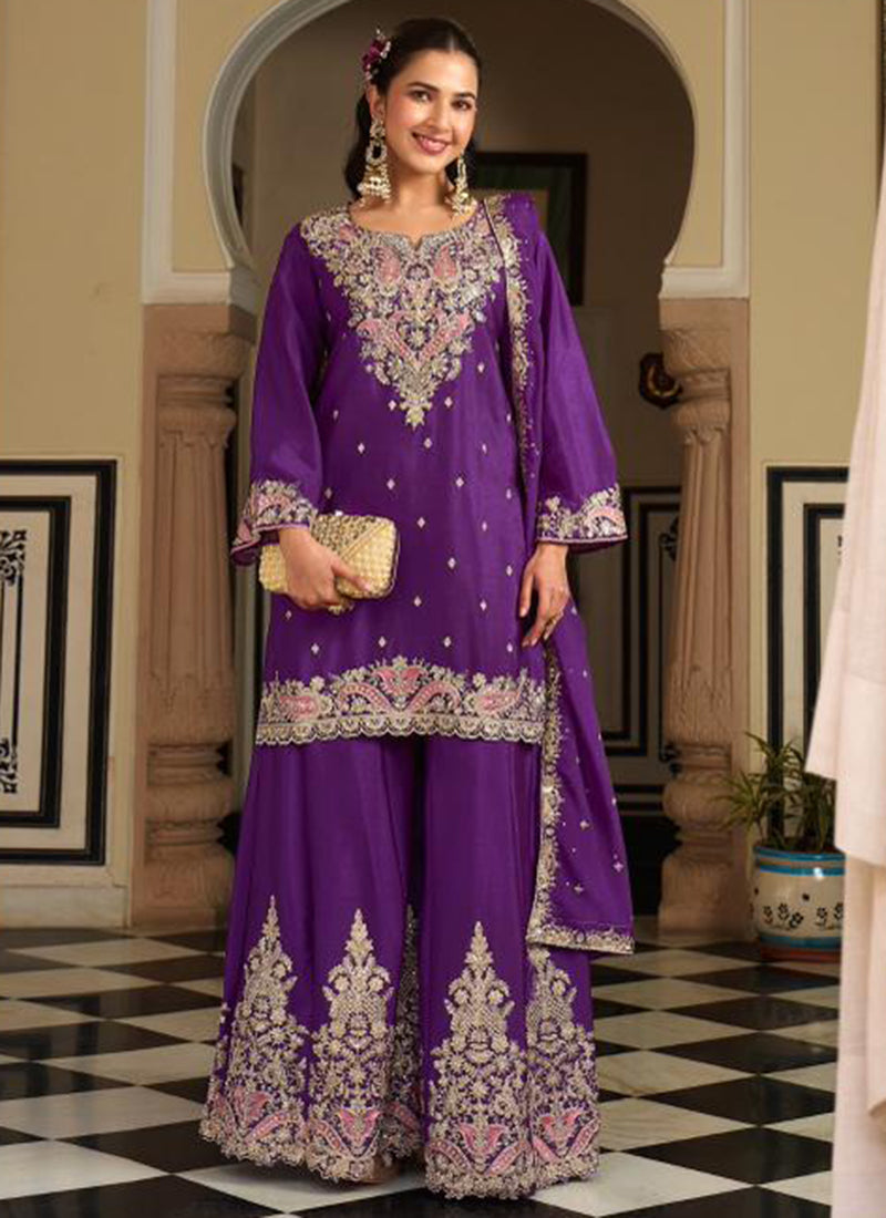 Violet Chinon Embroidery Work Occasional Wear Readymade Plazzo Suit SW577541