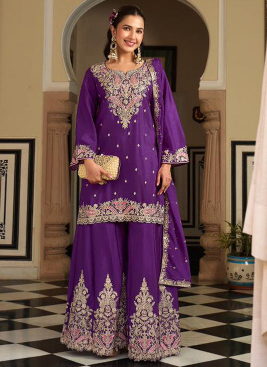 Violet Chinon Embroidery Work Occasional Wear Readymade Plazzo Suit SW577541