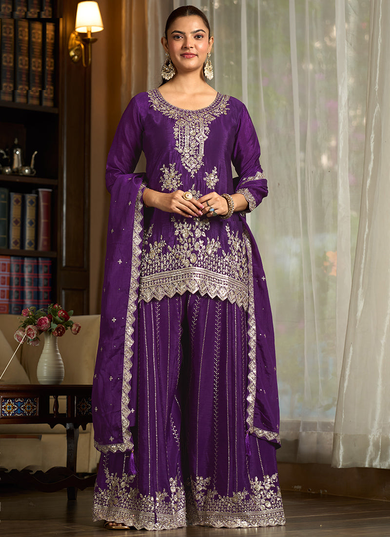 Violet Chinon Silk Sequins Work Wedding Wear Readymade Plazzo Suit SW724373