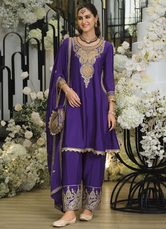 Violet Chinon Embroidery Work Wedding Wear Readymade Salwar Suit SW834380