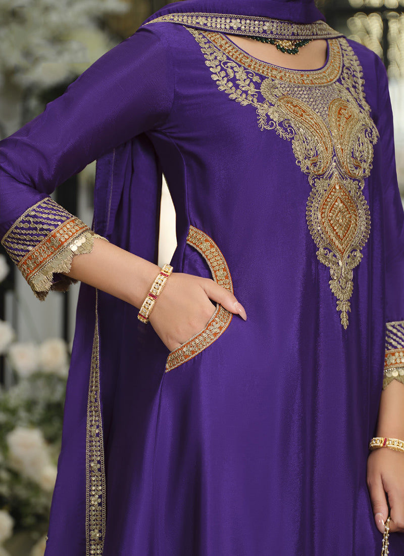Violet Chinon Embroidery Work Wedding Wear Readymade Salwar Suit SW834380