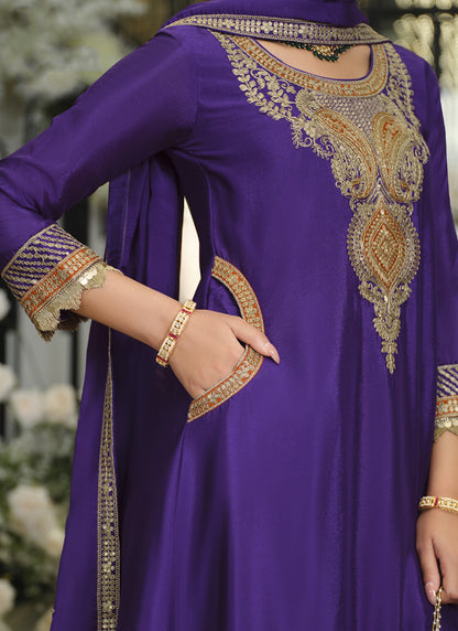 Violet Chinon Embroidery Work Wedding Wear Readymade Salwar Suit SW834380