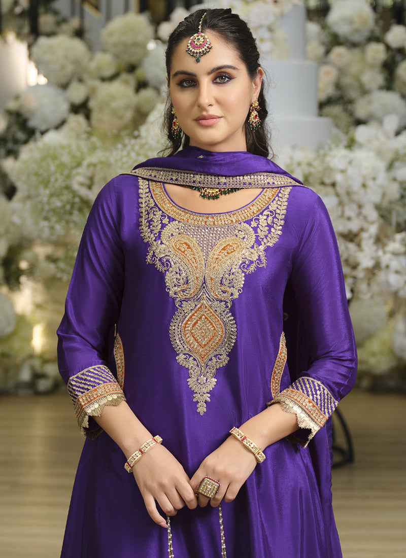 Violet Chinon Embroidery Work Wedding Wear Readymade Salwar Suit SW834380