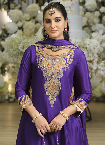 Violet Chinon Embroidery Work Wedding Wear Readymade Salwar Suit SW834380