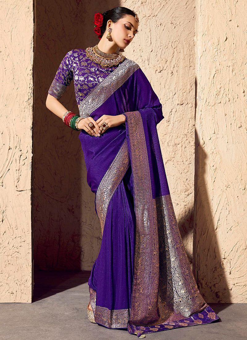 Crepe Georgette Violet Party Wear Weaving Work Saree 386532