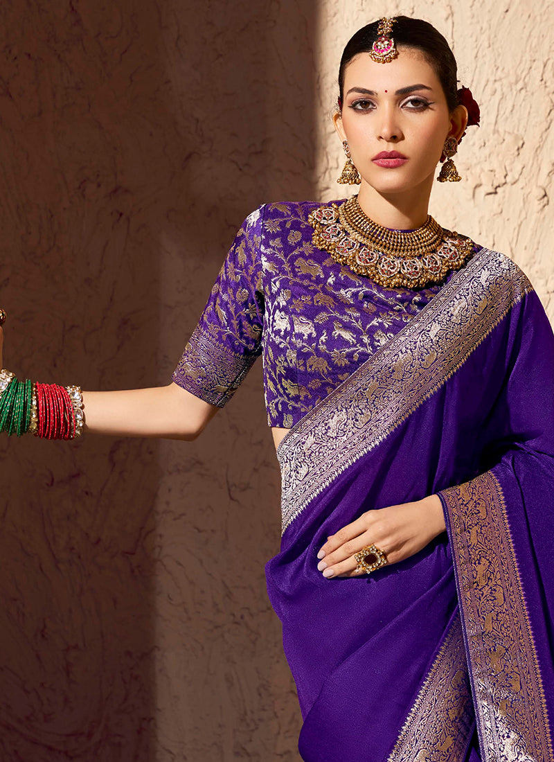 Crepe Georgette Violet Party Wear Weaving Work Saree 386532