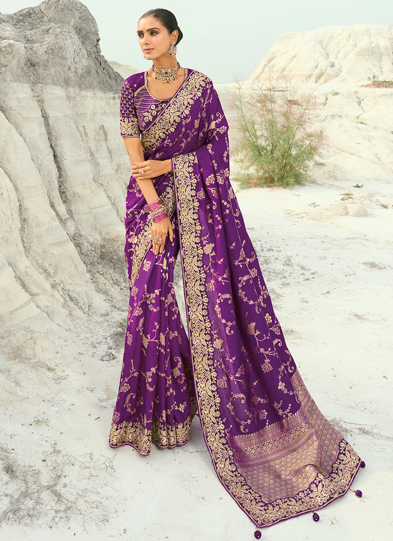 Dola Viscose Violet Wedding Wear Heavy Work Wedding Saree 386455
