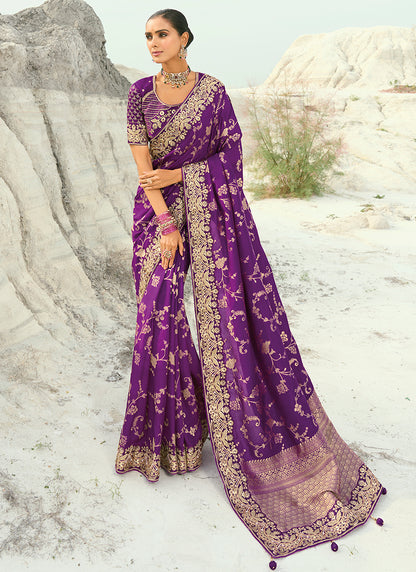 Dola Viscose Violet Wedding Wear Heavy Work Wedding Saree 386455