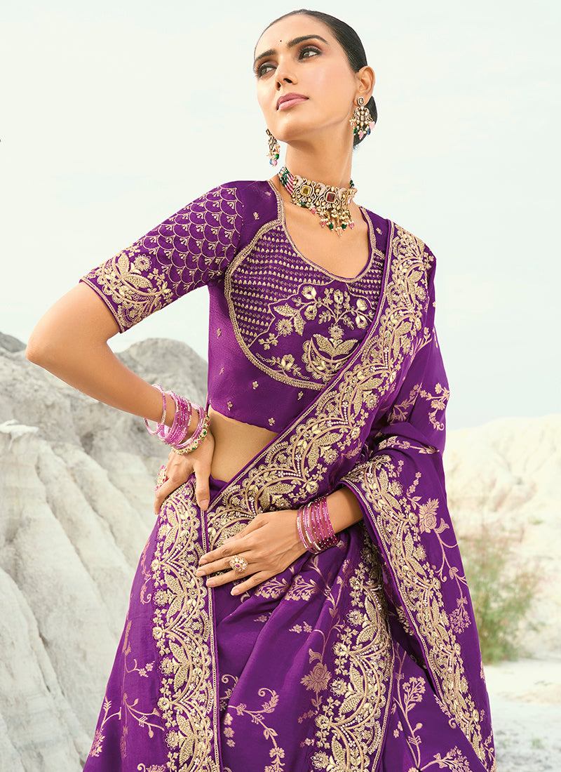 Dola Viscose Violet Wedding Wear Heavy Work Wedding Saree 386455