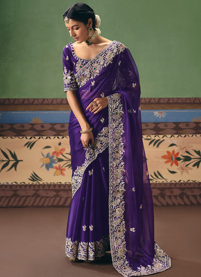 Violet Fancy Embroidery Work Wedding Wear Saree SW571681