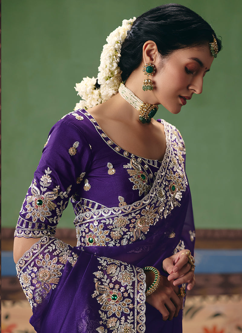 Violet Fancy Embroidery Work Wedding Wear Saree SW571681