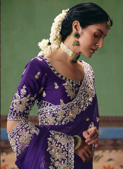 Violet Fancy Embroidery Work Wedding Wear Saree SW571681