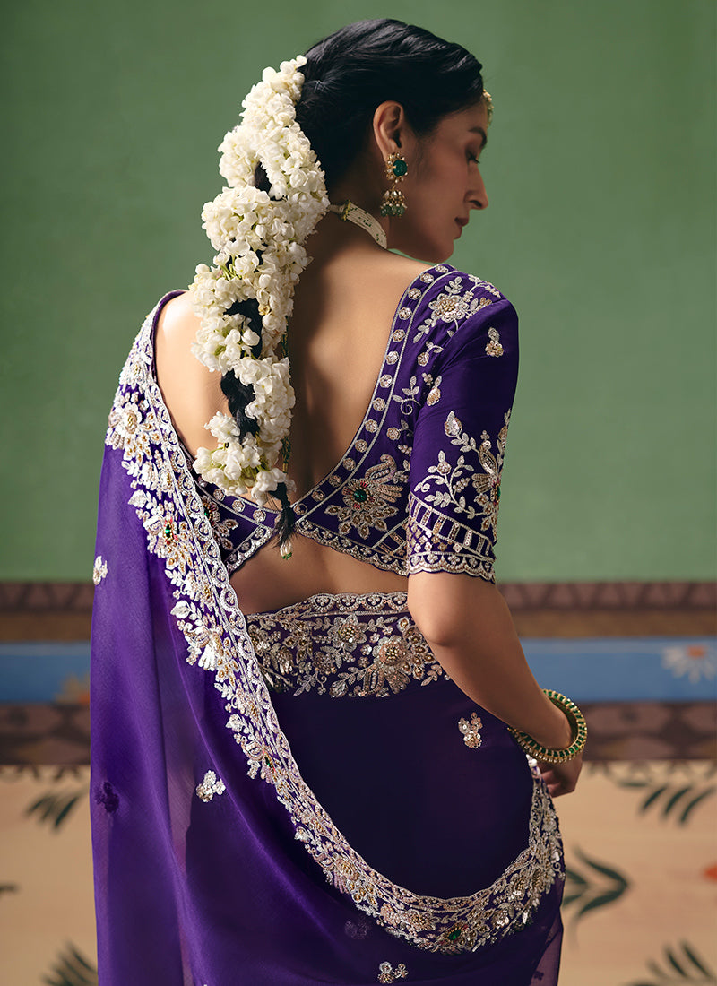 Violet Fancy Embroidery Work Wedding Wear Saree SW571681