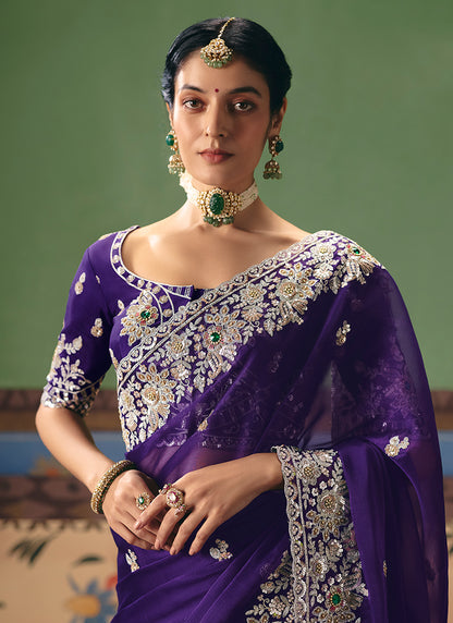 Violet Fancy Embroidery Work Wedding Wear Saree SW571681