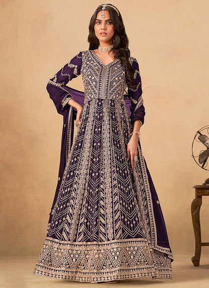 Faux Georgette Violet Wedding Wear Zardozi Work Anarkali Gown 386503
