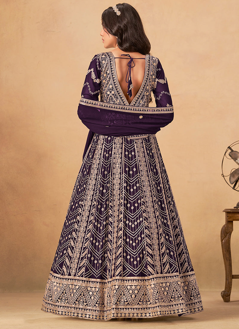 Faux Georgette Violet Wedding Wear Zardozi Work Anarkali Gown 386503