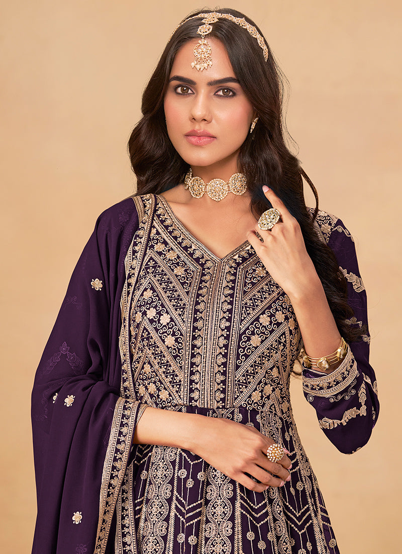 Faux Georgette Violet Wedding Wear Zardozi Work Anarkali Gown 386503