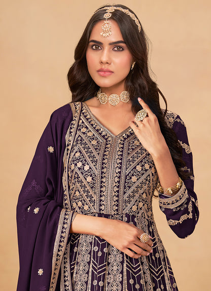 Faux Georgette Violet Wedding Wear Zardozi Work Anarkali Gown 386503