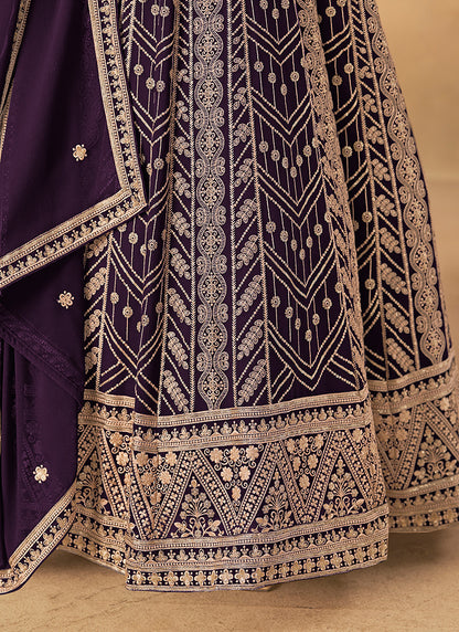 Faux Georgette Violet Wedding Wear Zardozi Work Anarkali Gown 386503