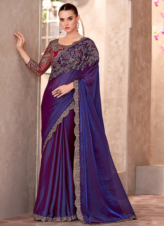 Georgette Violet Saree with Linen Work for Bridal Wear 380654