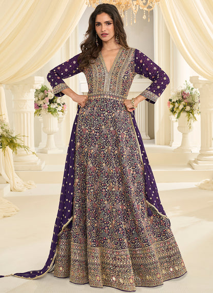 Violet Georgette Embroidery Work Wedding Wear Readymade Anarkali Suit SW212570