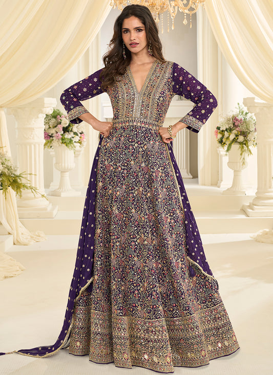 Violet Georgette Embroidery Work Wedding Wear Readymade Anarkali Suit SW212570