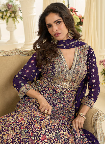 Violet Georgette Embroidery Work Wedding Wear Readymade Anarkali Suit SW212570