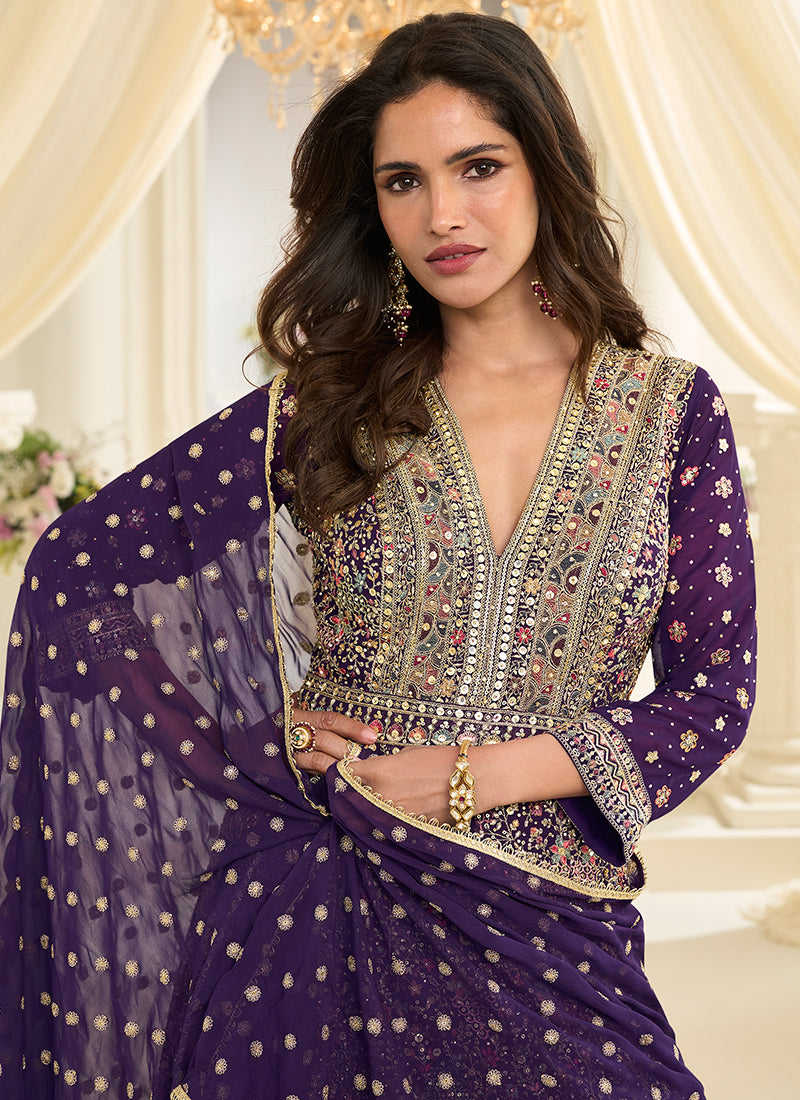 Violet Georgette Embroidery Work Wedding Wear Readymade Anarkali Suit SW212570