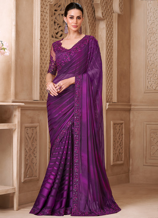 Georgette Violet Party Wear Embroidery Work Saree 385711