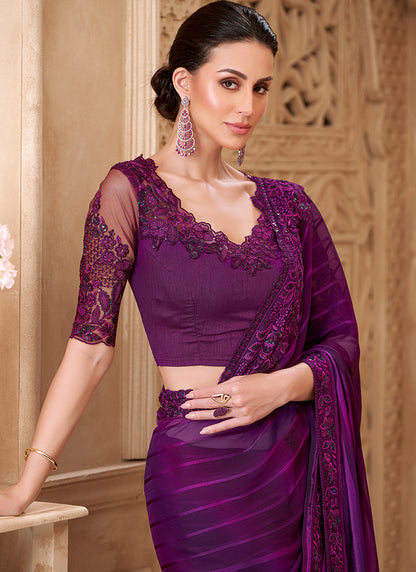 Georgette Violet Party Wear Embroidery Work Saree 385711